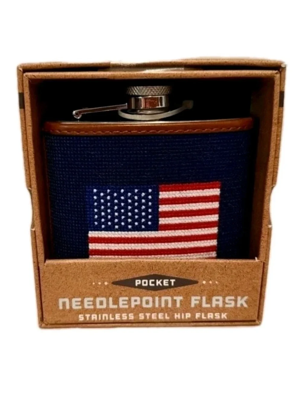 THE KRAFTSMAN CO. :AMERICAN FLAG: NEEDLEPOINT: STAINLESS STEEL: FLASK: 6 OZ: NEW